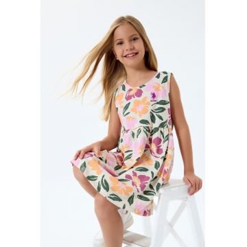 Rochie fara maneci cu model floral - Portocaliu pal/Verde englez/Bej deschis