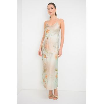 Rochie-furou cu model floral Bryony - Maro camel/Verde pastel