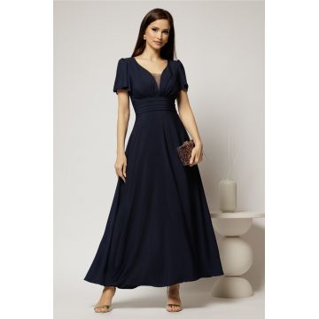 Rochie lunga bleumarin de ocazie cu decolteu adanc si maneci scurte evazate
