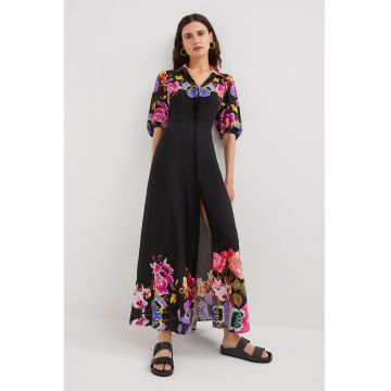 Rochie lunga cu imprimeu floral - Verde/Negru/Roz