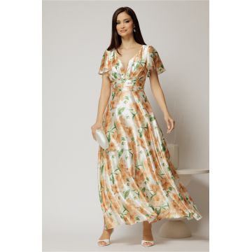 Rochie lunga de ocazie cu imprimeuri maro si verde din material satinat