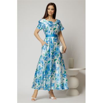 Rochie lunga de ocazie ivoar cu imprimeuri bleu