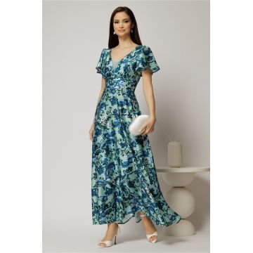 Rochie lunga de ocazie verde mint cu imprimeuri din material satinat