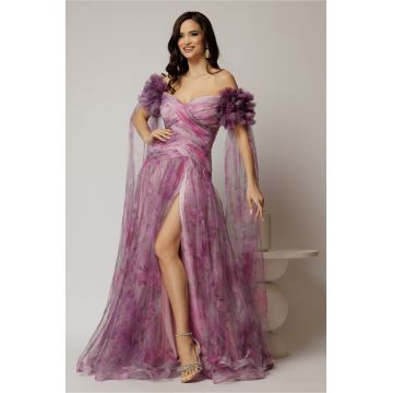 Rochie lunga de seara din tull cu imprimeu si maneci ample