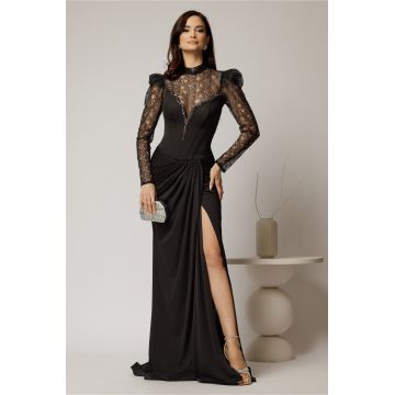Rochie lunga neagra de seara cu top din dantela detasabil
