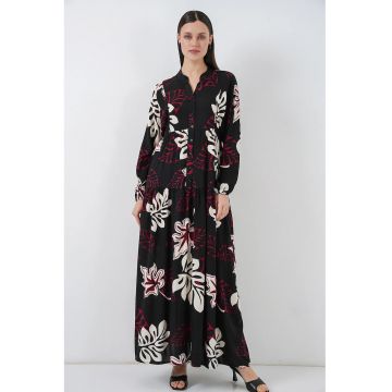 Rochie maxi  cu imprimeu - decolteu in V - negru - textil