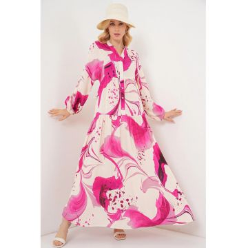 Rochie maxi  cu imprimeu - decolteu in V - roz - viscoza