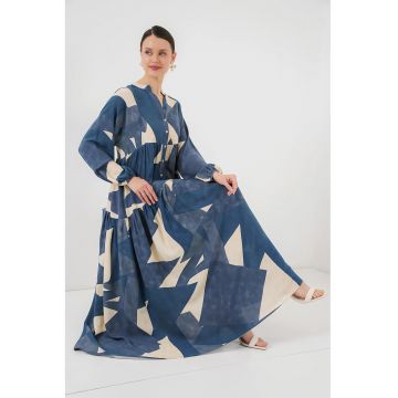 Rochie maxi cu maneci lungi dama - HiCCUP - viscoza - cu imprimeu - bej/albastru indigo