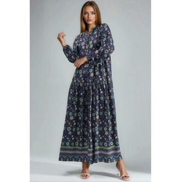 Rochie maxi -  decolteu in V - cu imprimeu - negru - viscoza