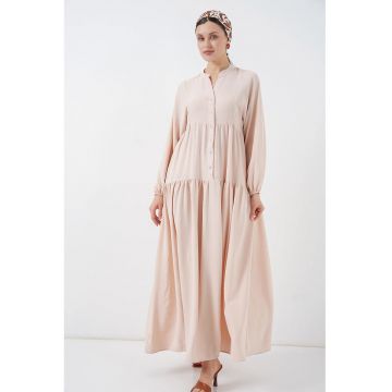 Rochie maxi -  decolteu in V - inchidere cu nasturi - bej - poliester