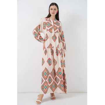 Rochie maxi  decolteu in V - inchidere cu nasturi - bej - textil