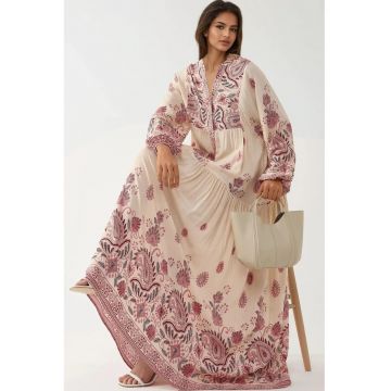 Rochie maxi -  decolteu in V - rosu - material textil