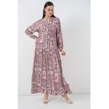 Rochie maxi -  decolteu in V - roz textil - Roz pudrat