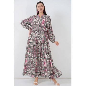 Rochie maxi -  decolteu in V - roz textil - Roz