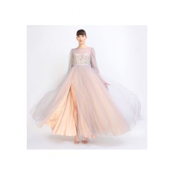 Rochie maxi din tul cu crapatura adanca pe picior Kasia - Bej/Gri