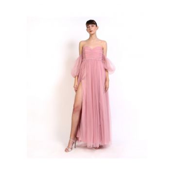 Rochie maxi din tul cu cristale aplicate Letizia - Roz pudrat