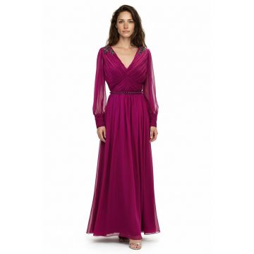 Rochie maxi din voal cu broderie Suhana - Magenta inchis