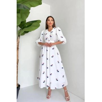 Rochie Maxi Florala  Alb - Bumbac