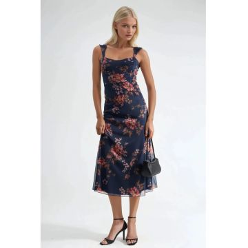 Rochie maxi -  Florala - Bleumarin - Jerseu