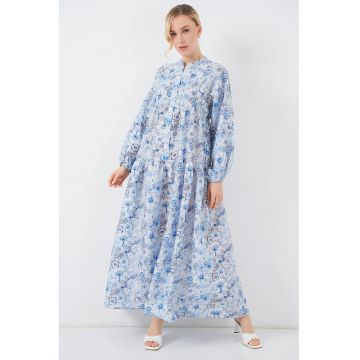 Rochie Maxi Florala dama -  Albastru - Viscoza/Nylon - Inchidere cu Nasturi - Maneci Lungi