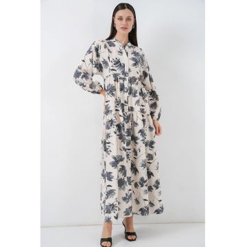 Rochie maxi -  florala - gri - textil