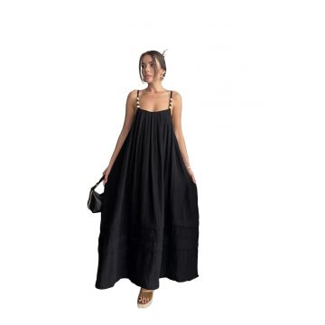 Rochie Maxi -  Guler Patrat - Negru - Bumbac-Poliester-Elastan