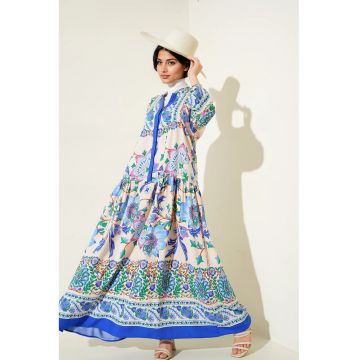 Rochie maxi - HiCCUP - imprimeu - decolteu in V - bleumarin - textil - Albastru inchis