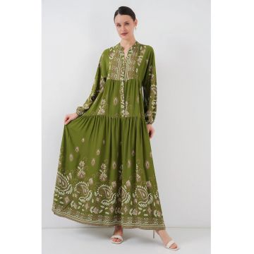 Rochie maxi HiCCUP - imprimeu - decolteu in V - verde - viscoza