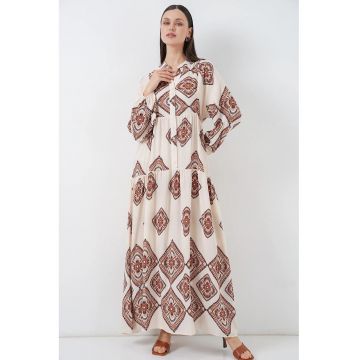 Rochie maxi  imprimeu - decolteu in V - bej - textil