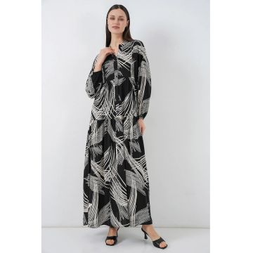 Rochie maxi  imprimeu - decolteu in V - negru - textil