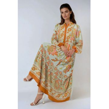 Rochie maxi -  imprimeu - guler camasa - portocalie - bumbac