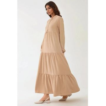 Rochie maxi -  maneca lunga - guler rotund - bej - textil