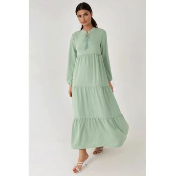 Rochie maxi -  maneca lunga - guler rotund - verde - textil