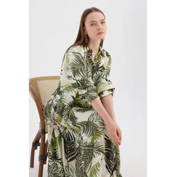 Rochie maxi  maneca lunga - imprimeu floral - bej/verde - tesatura de viscoza