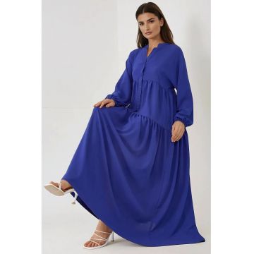 Rochie maxi -  texturata - decolteu in V - textil - Albastru - Albastru