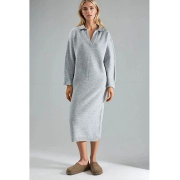 Rochie Maxi Tricotata -  Gri - Tricot - Guler Polo -