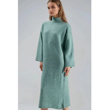 Rochie maxi tricotata -  guler inalt - verde salvie - tricot -