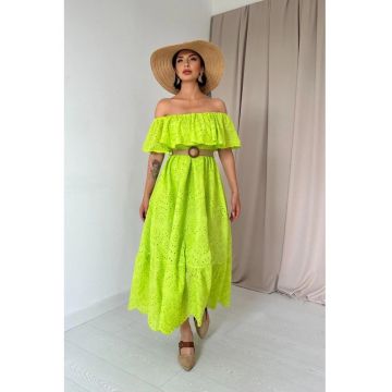 Rochie midi  A-line - cu centura - verde - textil