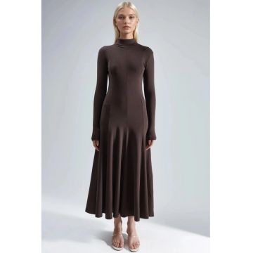 Rochie Midi  A-Line cu Maneca Lunga - Maro Cafea - Jerseu