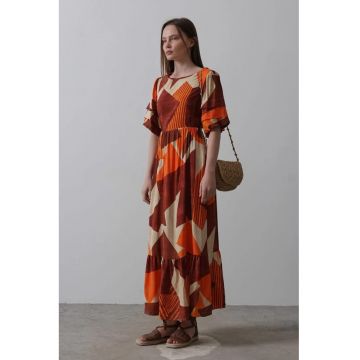 Rochie Midi A-Line cu Volane Geometrice  Maro - Poliester-Elastan -