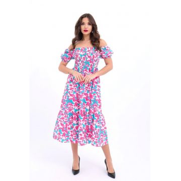 Rochie midi  A-line cu volane - guler patrat - multicolor - textil