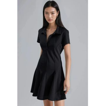 Rochie Midi  A-Line - Guler de Camasa - Negru - Jerseu