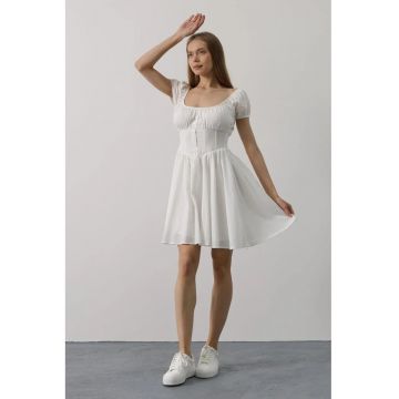 Rochie Midi A-Line  guler patrat - detalii cu nasturi - Alb - bumbac-elastan-poliester -