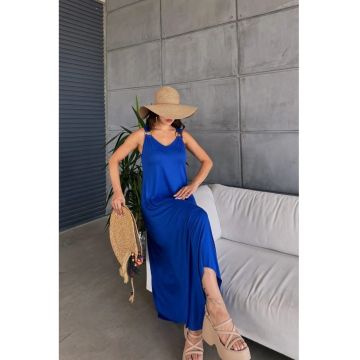 Rochie midi  asimetrica - fara maneci - decolteu in V - albastru - bumbac/poliester/elastan