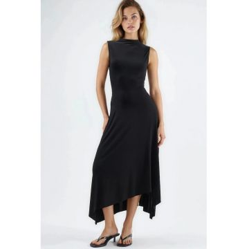 Rochie Midi Asimetrica  Neagra - Poliester