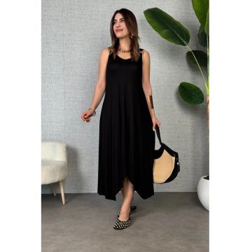 Rochie midi -  asimetrica - neagra - textil