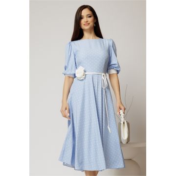 Rochie midi bleu cu buline si cordon detasabil in talie