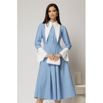 Rochie midi bleu cu buline si guler ascutit