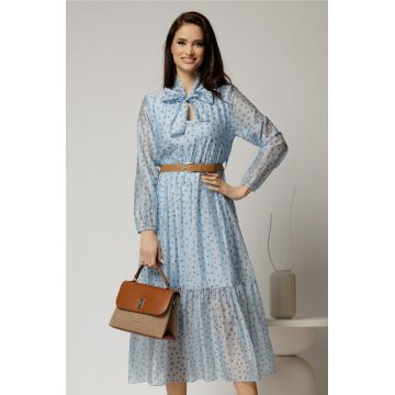 Rochie midi bleu din tencel cu buline si funda la decolteu