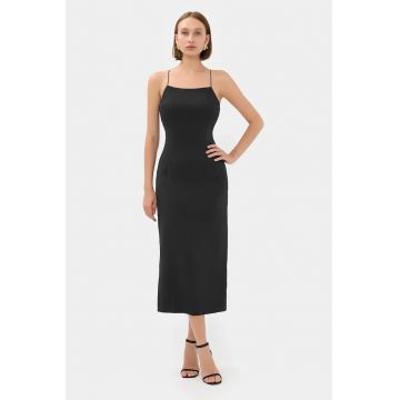 Rochie midi -  bretele spaghete - crapatura - negru - poliester